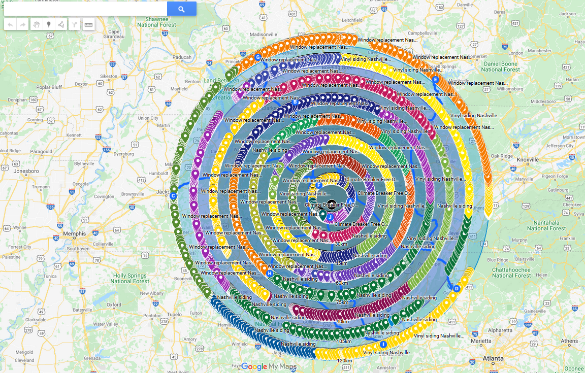 Dense Google My Maps citation pins covering a city region