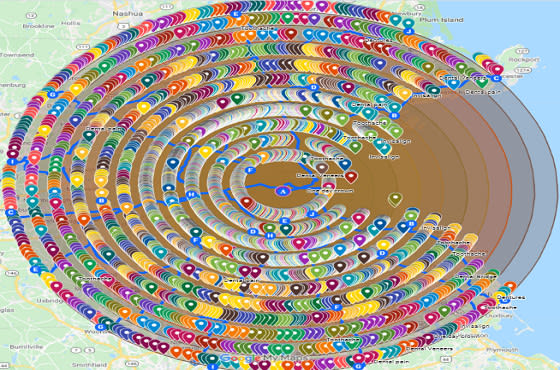 Multi-colored Google Map citation pin coverage map